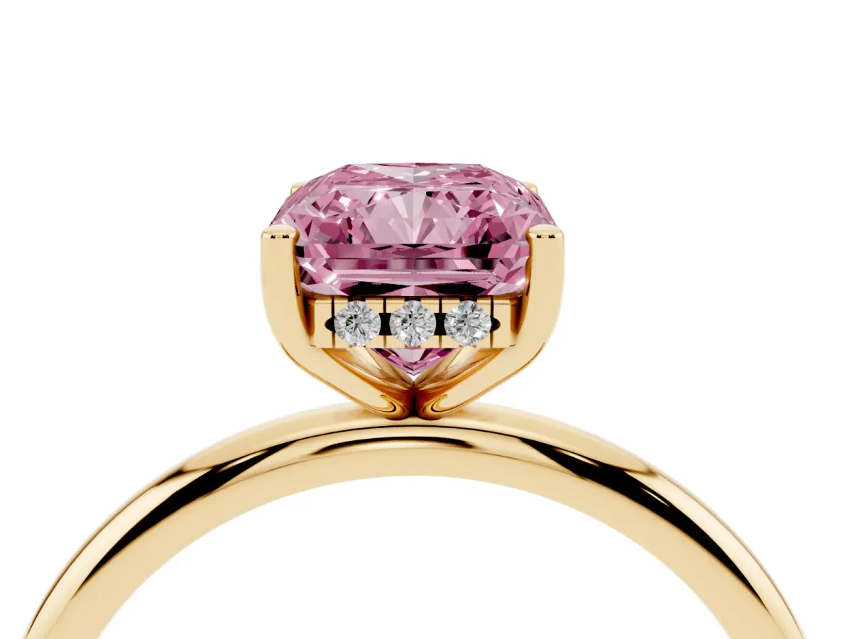 Fancy Pink Radiant Cut Cut Solitaire Engagement Ring with Four-Prong Setting and Classic Band Yellow gold