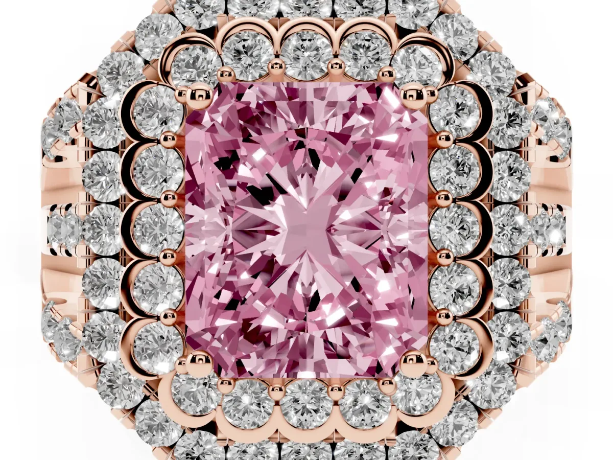 Fancy Pink Radiant Cut Diamond Double Halo Ring with Round Pavé Split Shank and Prong Setting Rose gold