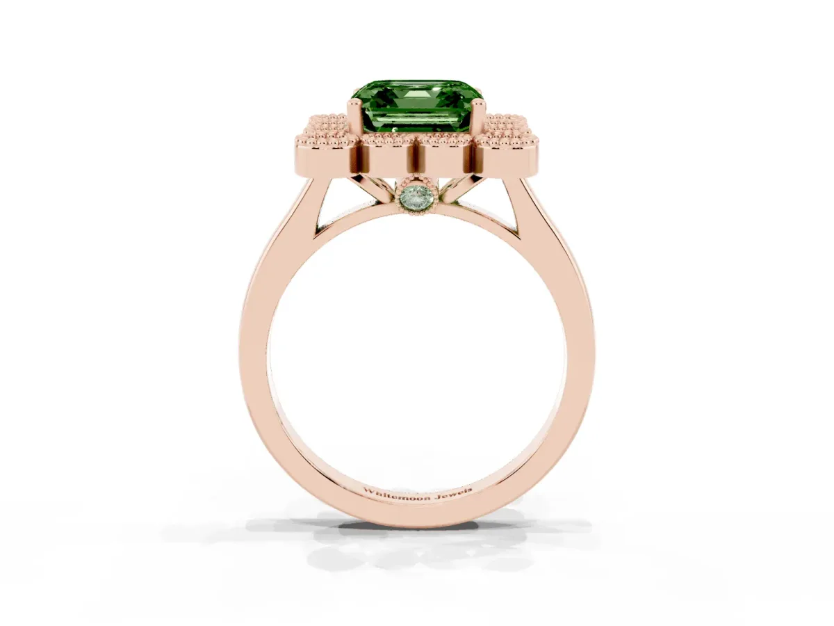 Fancy Green Asscher Cut Halo Diamond Cluster Engagement Ring with Milgrain Bezel Setting and Solitaire Band Rose gold