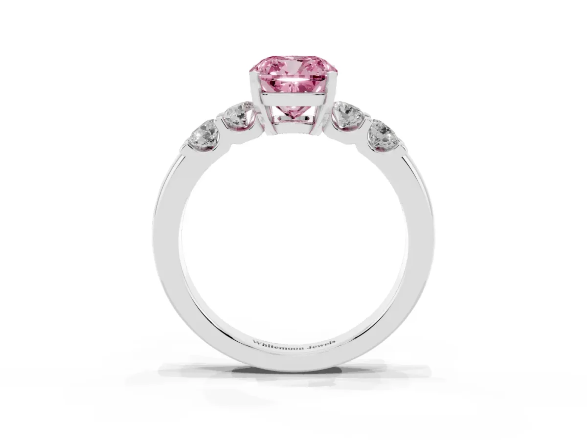 Fancy Pink Cushion Cut Brilliant Cut Diamond Five-Stone Prong Set Engagement Ring with Channel Band White gold