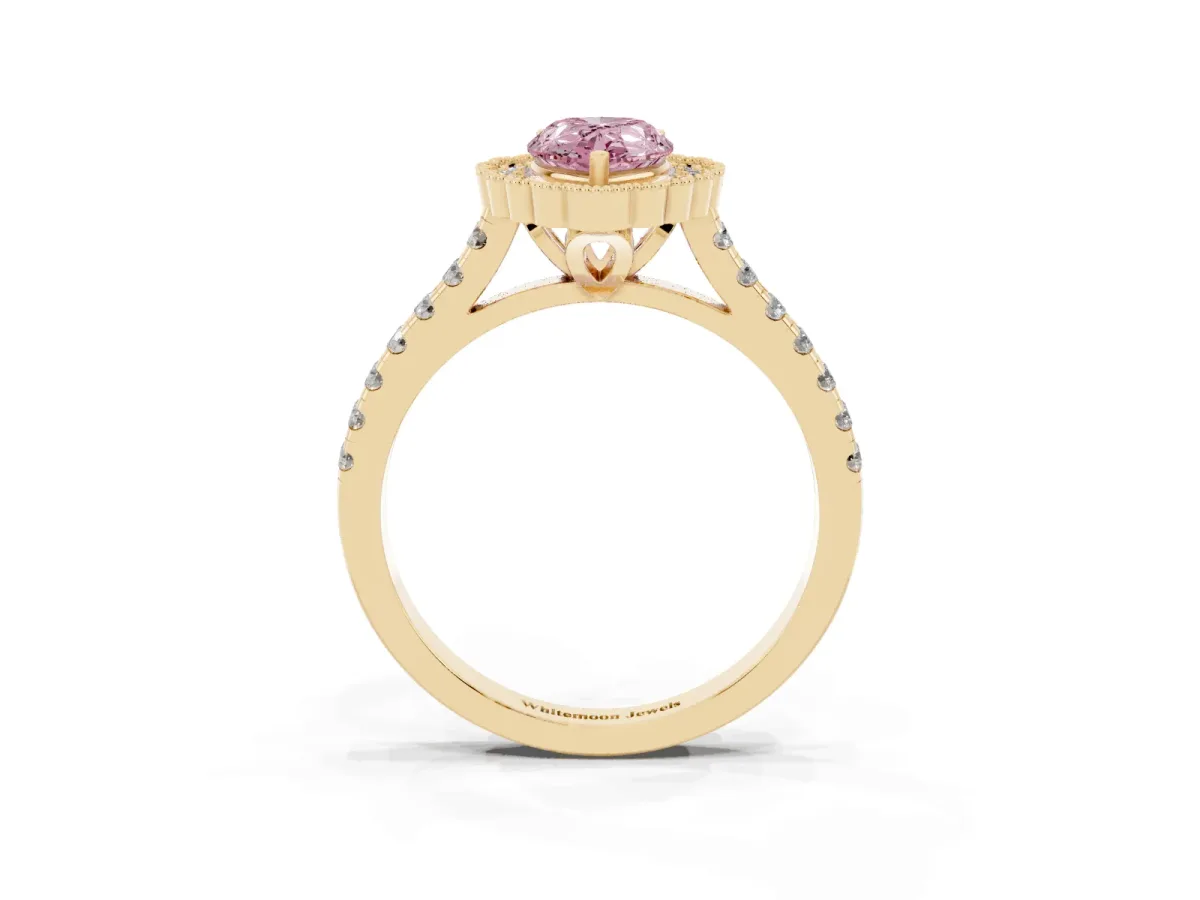 Fancy Pink Pear Cut Cut Diamond Milgrain Floral Halo Engagement Ring with Pavé Band Yellow gold