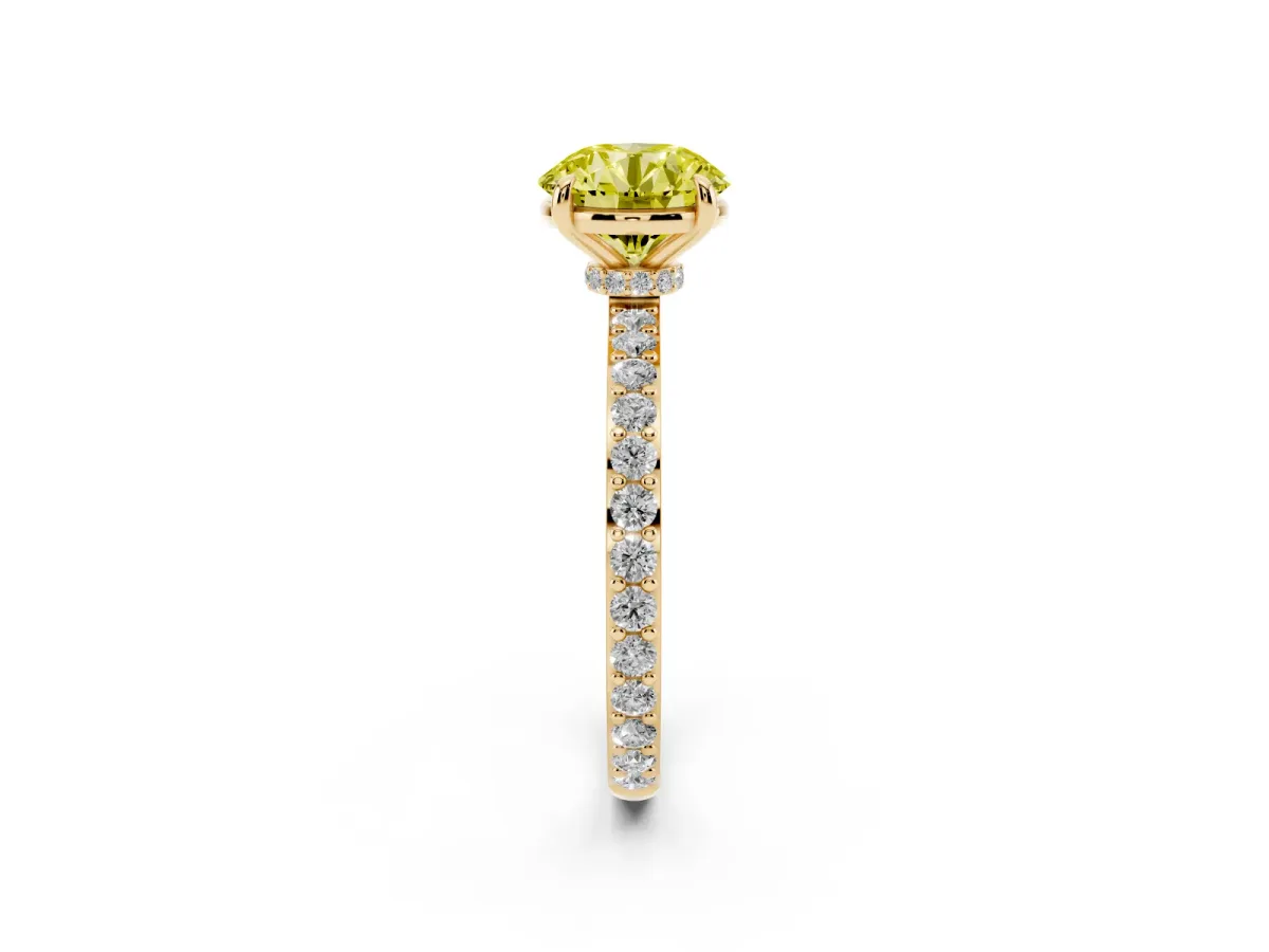 Fancy Yellow Round Cut Diamond Pavé Engagement Ring with Round Accents and Prong Setting Yellow gold