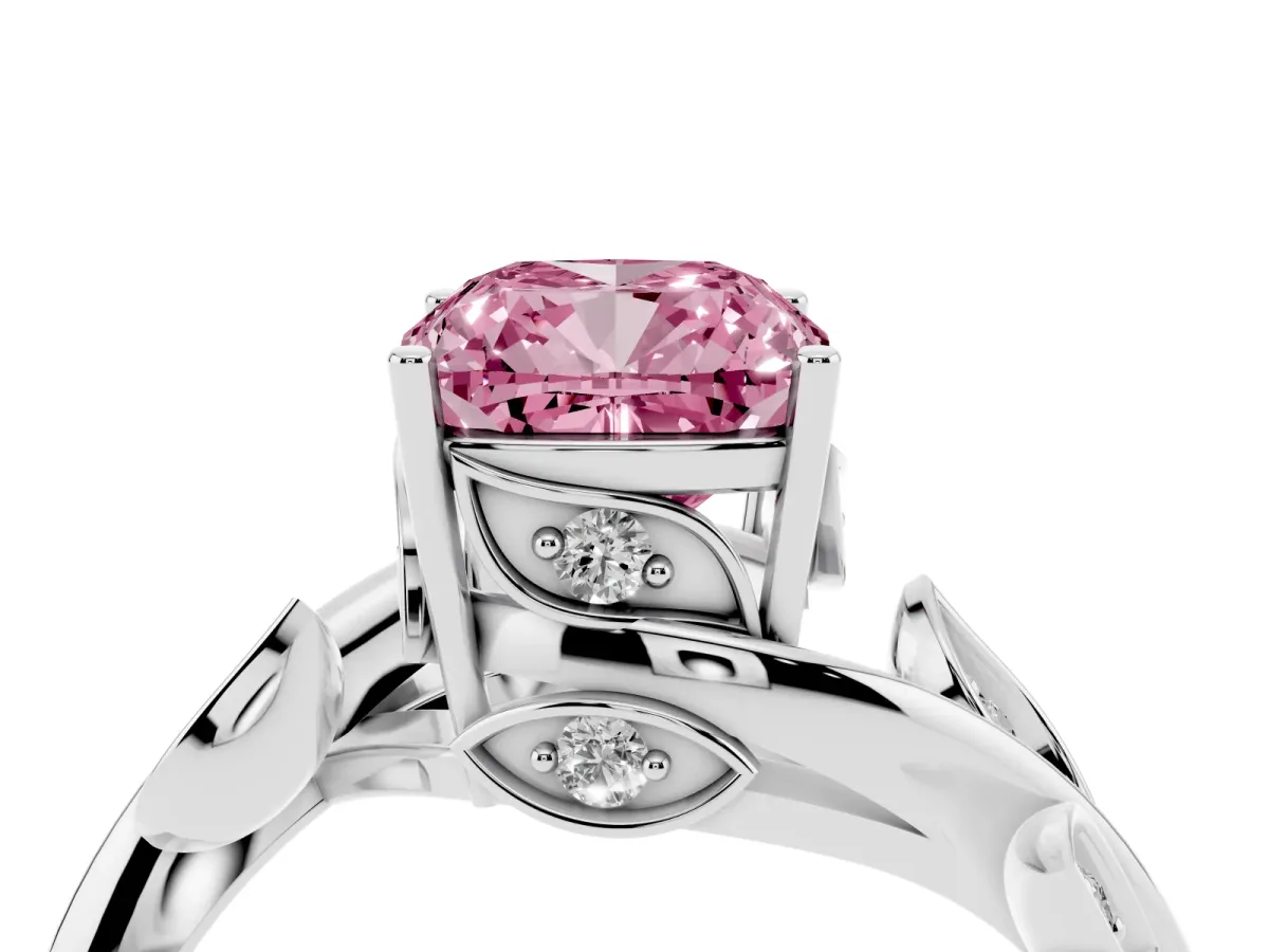 Fancy Pink Cushion Cut Solitaire Twist Engagement Ring with Leaf Accents and Prong Setting Platinum