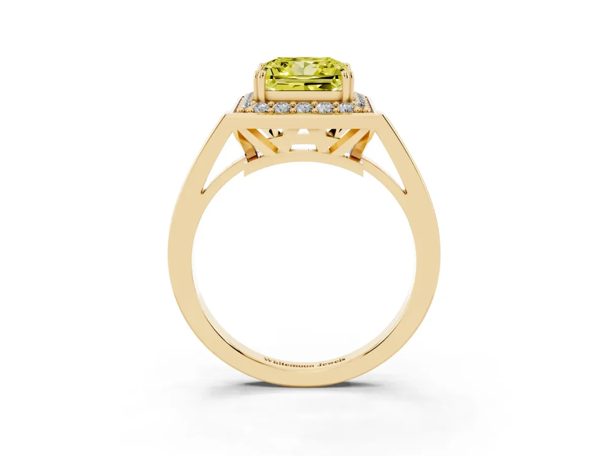 Fancy Yellow Princess Cut Diamond Halo Ring with Split Shank and Four-Prong Setting Yellow gold