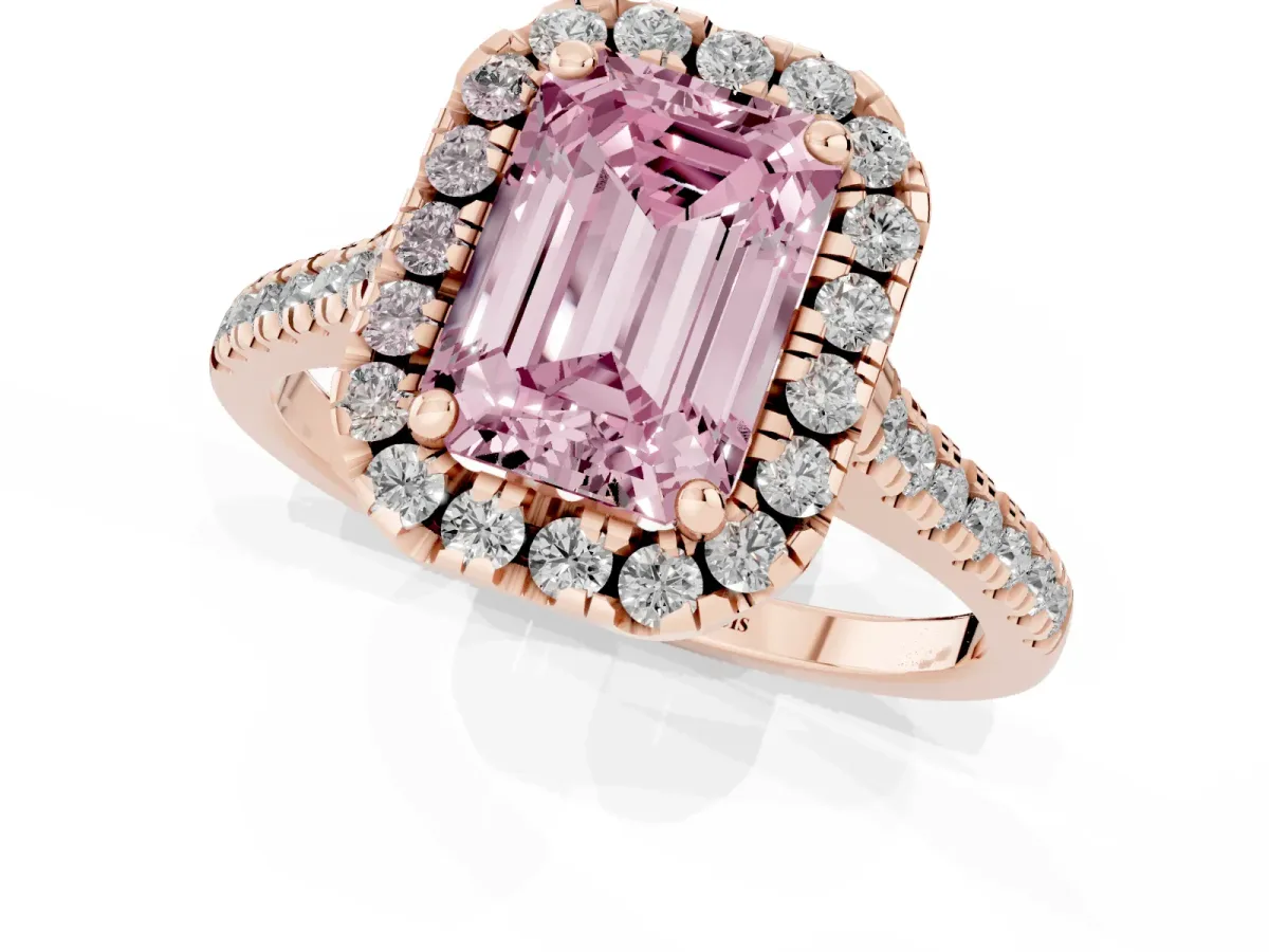 Fancy Pink Emerald Cut Diamond Cushion Halo Ring with Pavé Band Rose gold