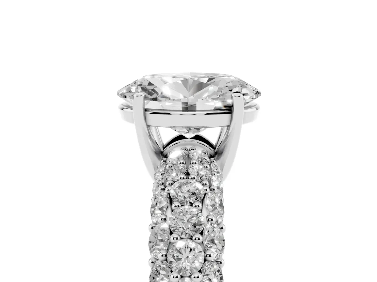 Oval Cut Diamond Pavé Band Solitaire Ring with Four-Prong Setting Silver