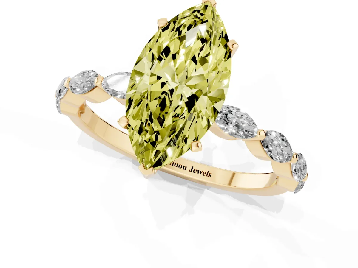 Fancy Yellow Marquise Cut Diamond Ring with Marquise Side Stones and Prong Setting Yellow gold