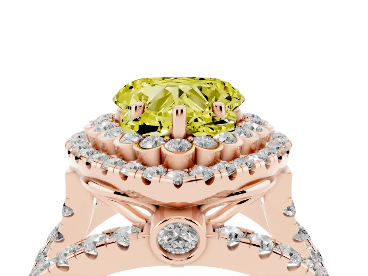 Fancy Yellow Heart Cut Diamond Double Halo Ring with Round Pavé Split Shank and Prong Setting Rose gold