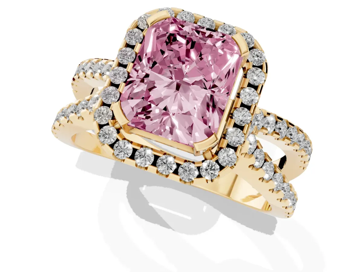 Fancy Pink Radiant Cut Diamond Halo Ring with Split Shank Pavé Band and Prong Setting Yellow gold