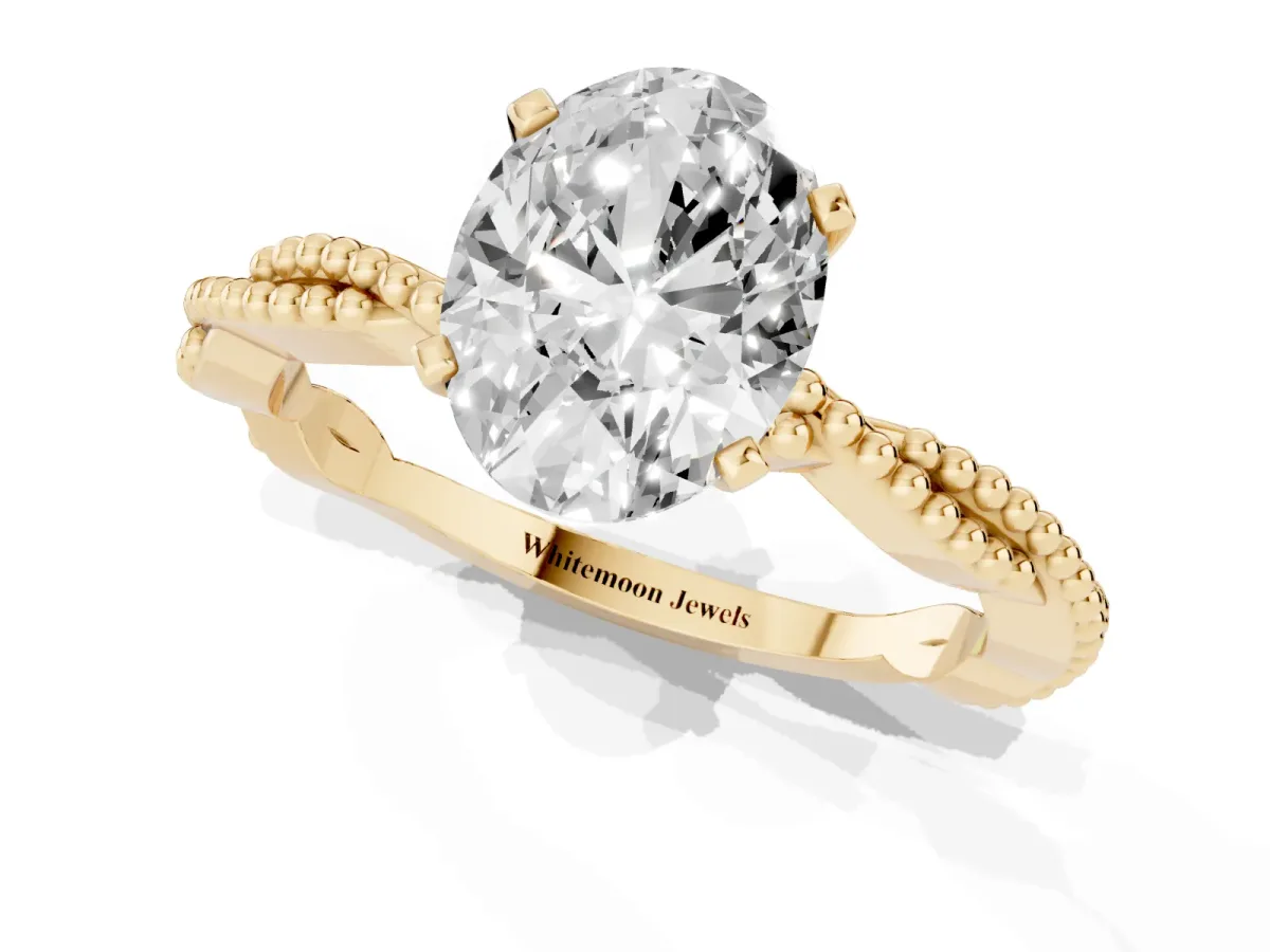 Oval Cut Solitaire Twisted Band with Bead Prong Setting Yellow gold