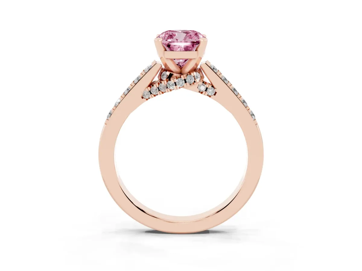 Fancy Pink Cushion Cut Diamond Solitaire Ring with Crossover Gallery and Round Pavé Band Rose gold