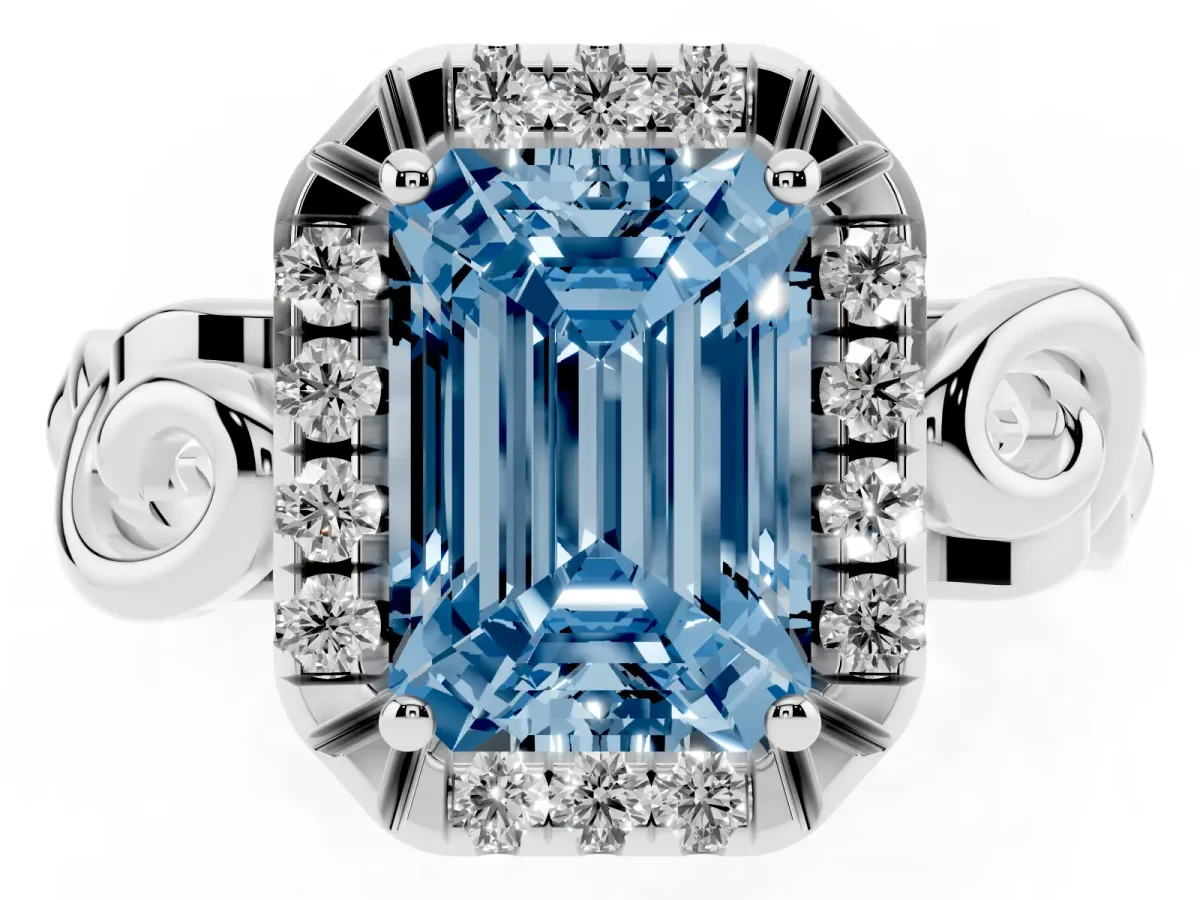 Fancy Blue Emerald Cut Cut Halo Diamond Ring with Scrollwork Band and Four-Prong Setting Silver