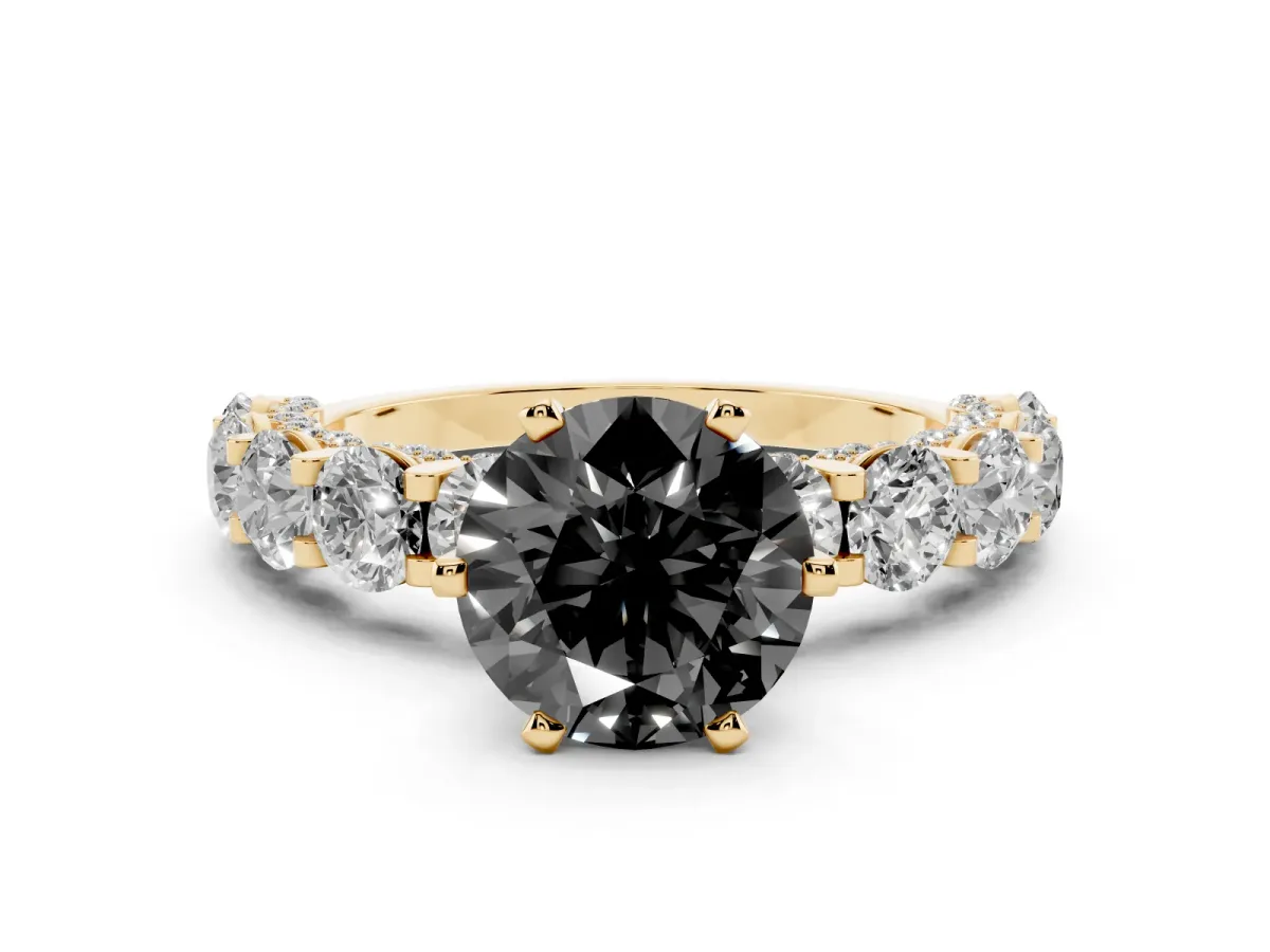Fancy Black Round Cut Diamond Side Stone Engagement Ring with Four-Prong Setting Yellow gold