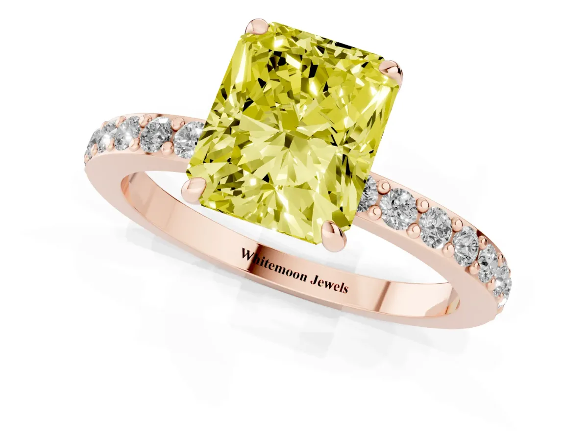 Fancy Yellow Radiant Cut Diamond Pavé Engagement Ring with Round Accents and Prong Setting Rose gold