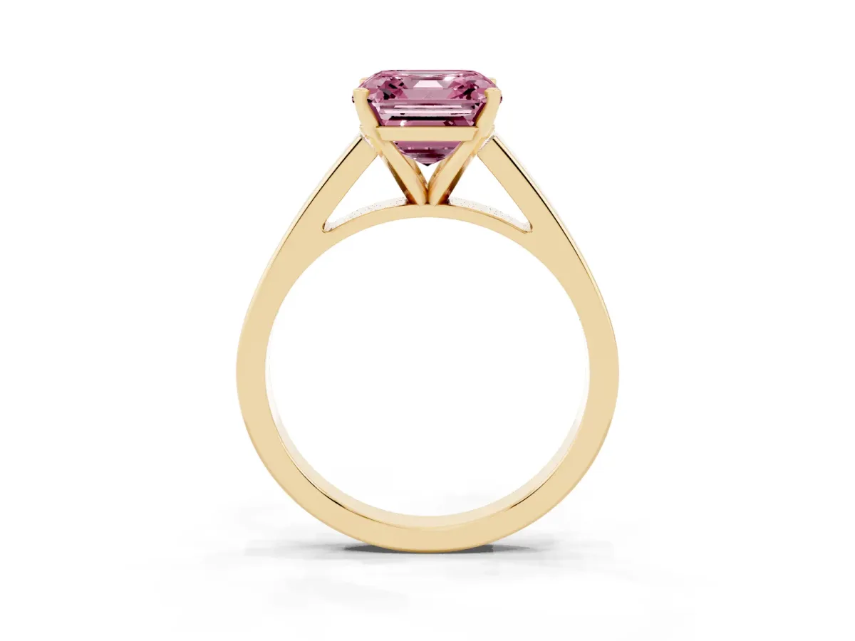 Fancy Pink Asscher Cut Solitaire Engagement Ring with Four-Prong Setting and Tapered Band Yellow gold