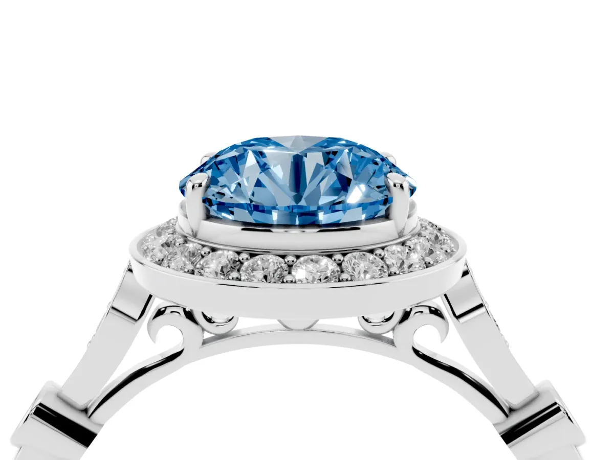 Fancy Blue Round Cut Halo Diamond Engagement Ring with Twisted Band and Four-Prong Setting Silver