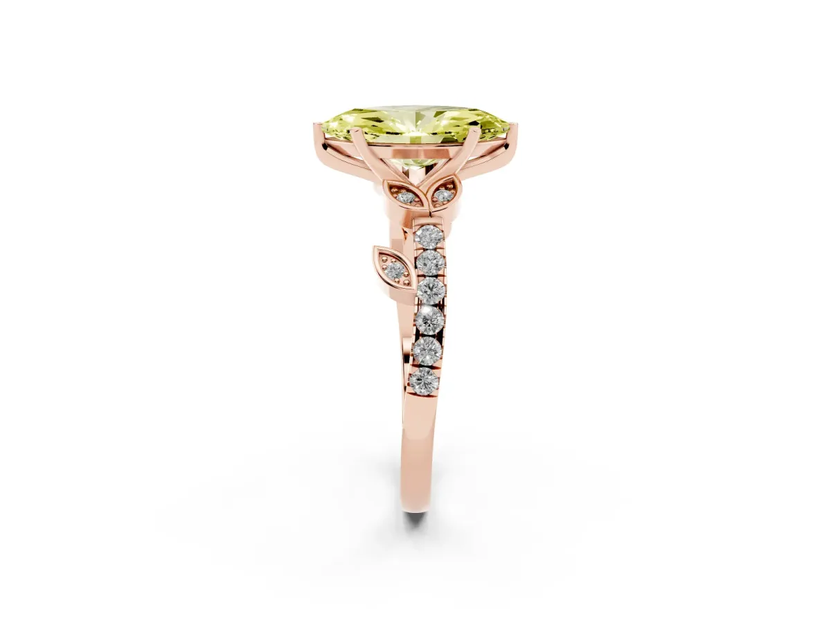 Fancy Yellow Marquise Cut Solitaire Leaf-Inspired Diamond Ring with Pavé Band and Four-Prong Setting Rose gold