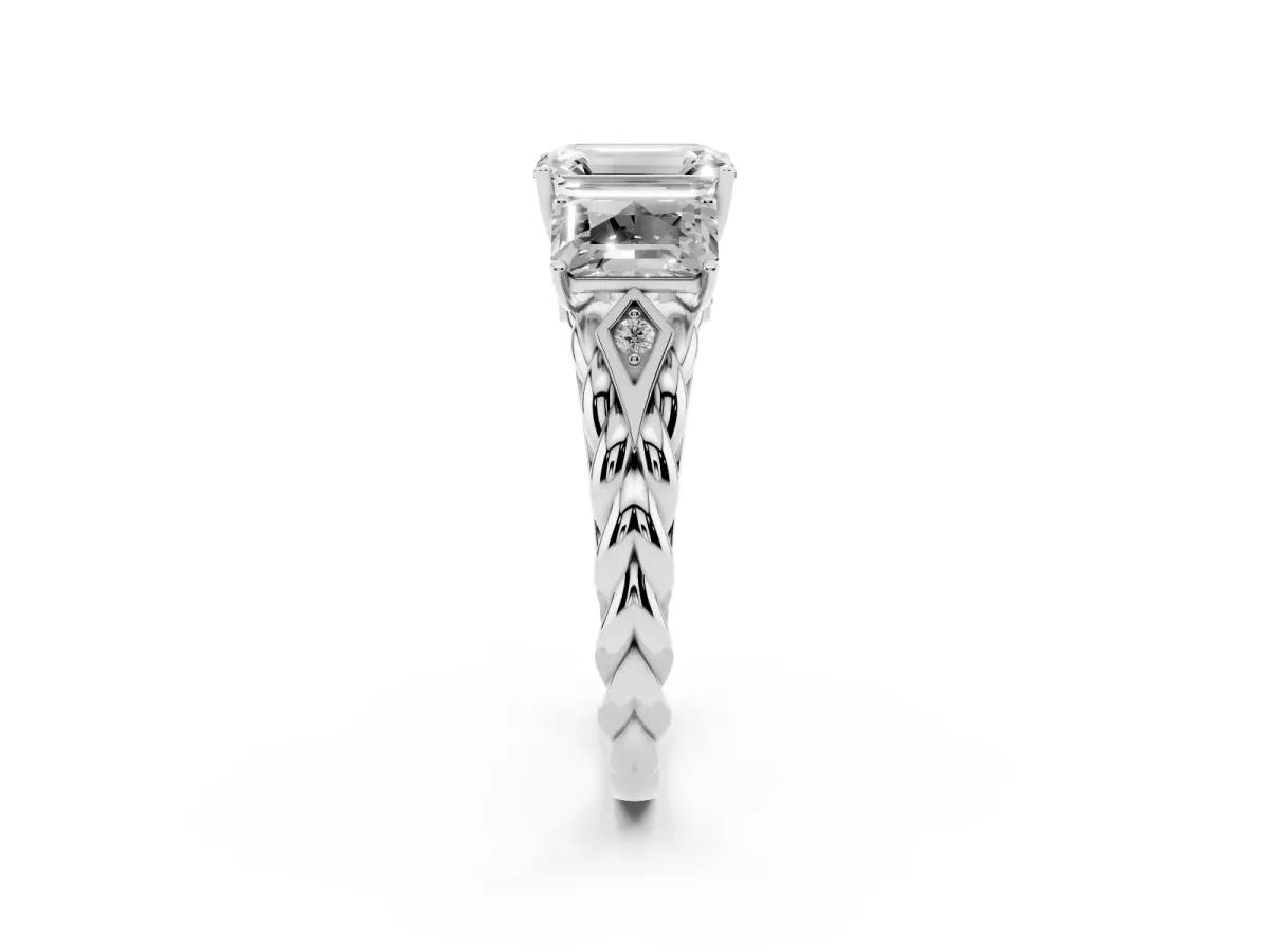 Three-Stone Radiant Cut Diamond Braided Band Ring with Four-Prong Setting Silver