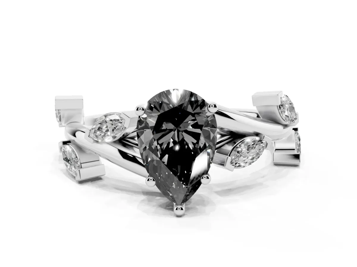 Fancy Black Pear Cut Solitaire Twisted Band Marquise Accent Prong Setting Ring Silver