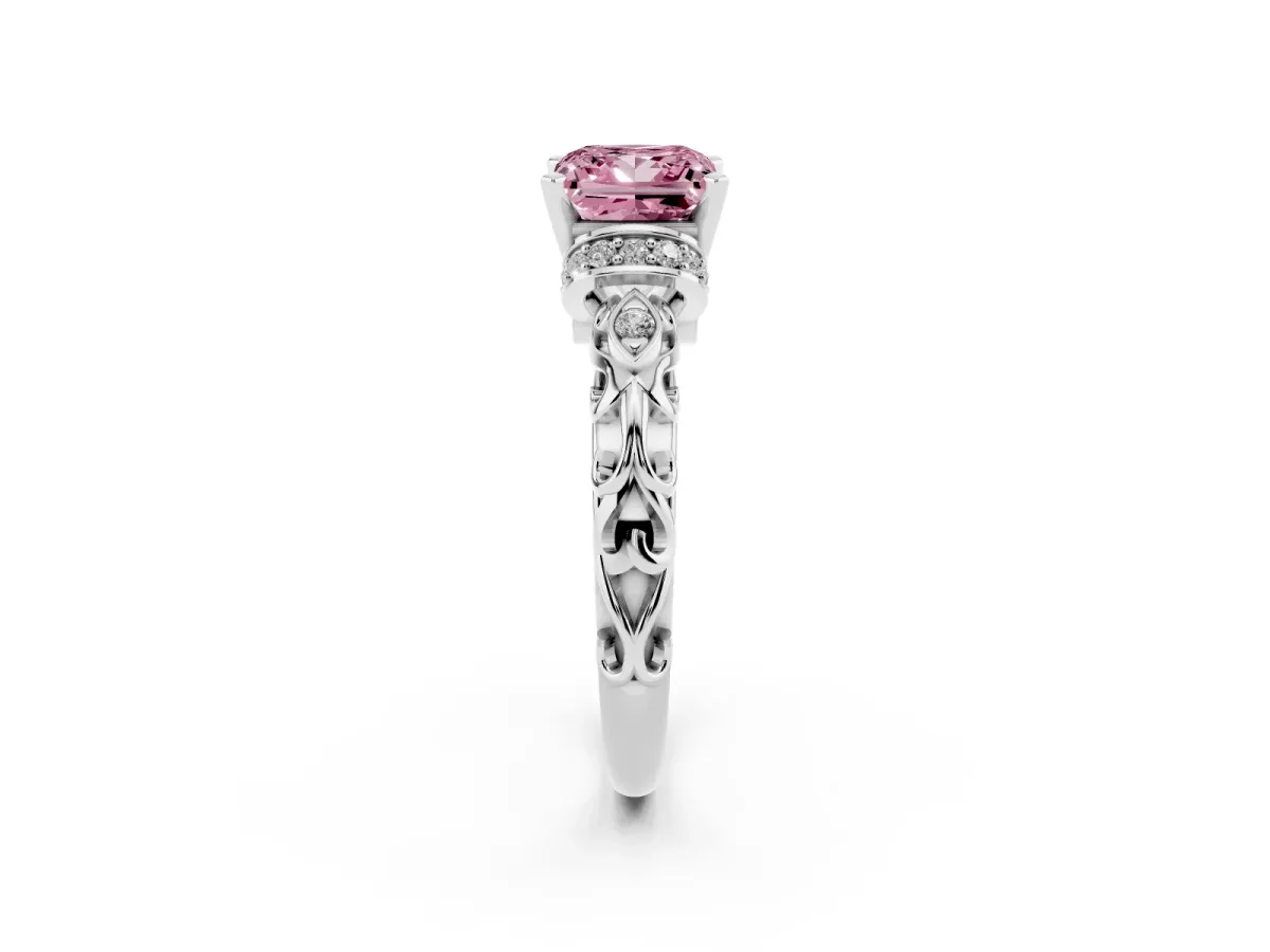Fancy Pink Princess Cut Diamond Solitaire Ring with Filigree Band and Four-Prong Setting Silver