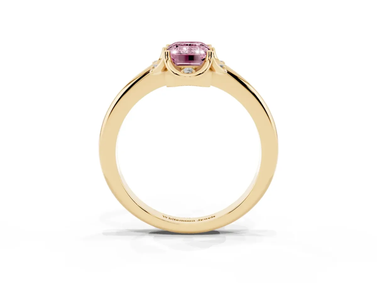 Fancy Pink Emerald Cut Halo Diamond Ring with Round Cluster Setting, Solitaire Band, and Four-Prong Setting Yellow gold