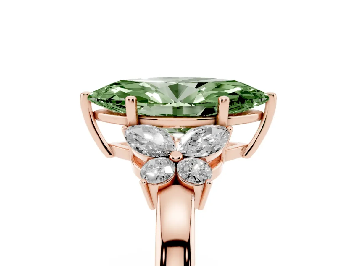 Fancy Green Marquise Cut Cut Solitaire Floral Diamond Ring with Four-Prong Setting Rose gold
