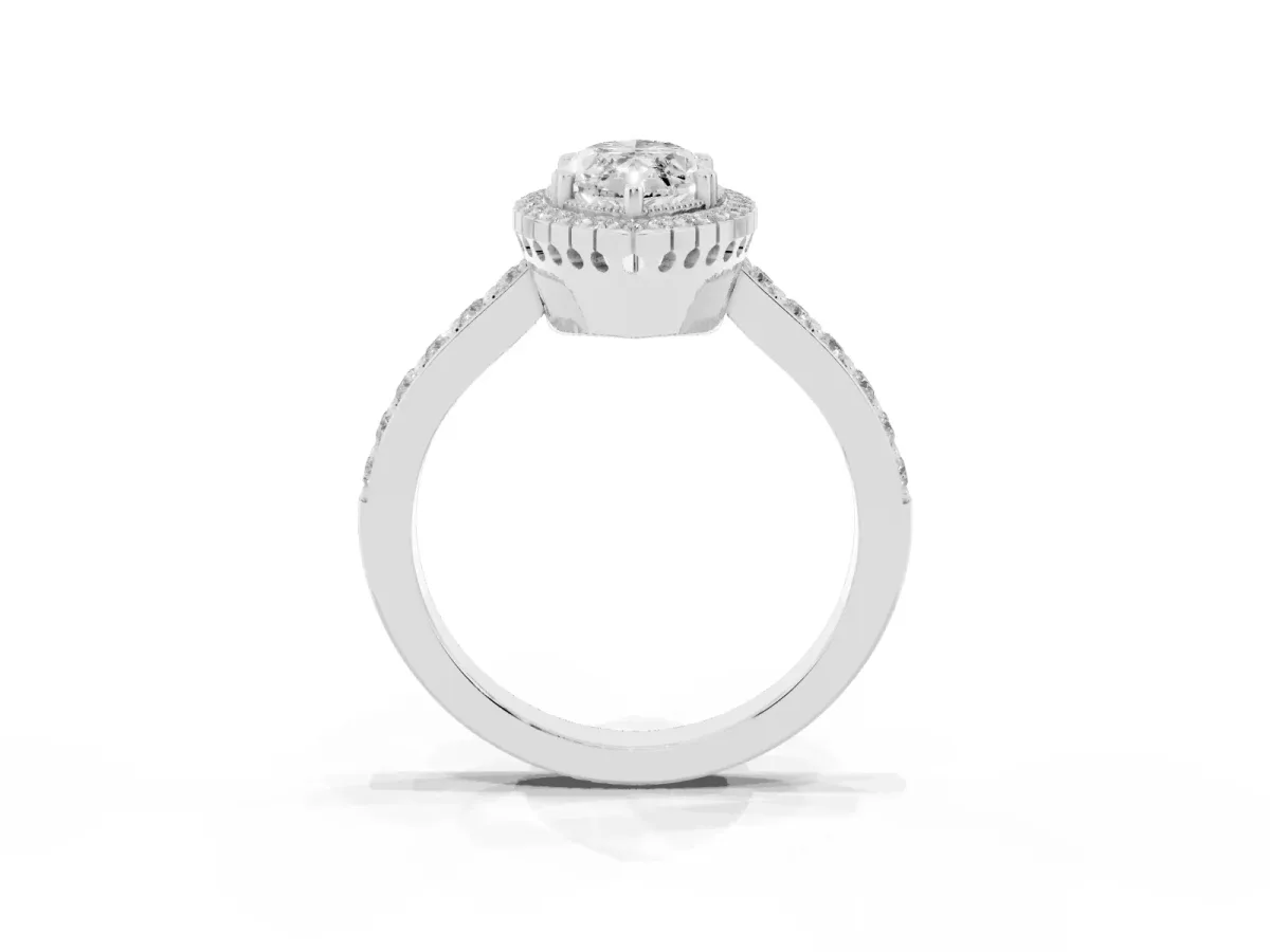 Marquise Cut Cut Diamond Halo Engagement Ring with Milgrain Detail and Pavé Band White gold