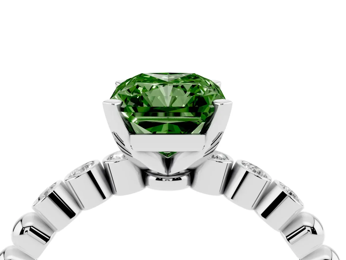 Fancy Green Radiant Cut Solitaire Bezel Accent Diamond Engagement Ring with Beaded Band and Four-Prong Setting Silver