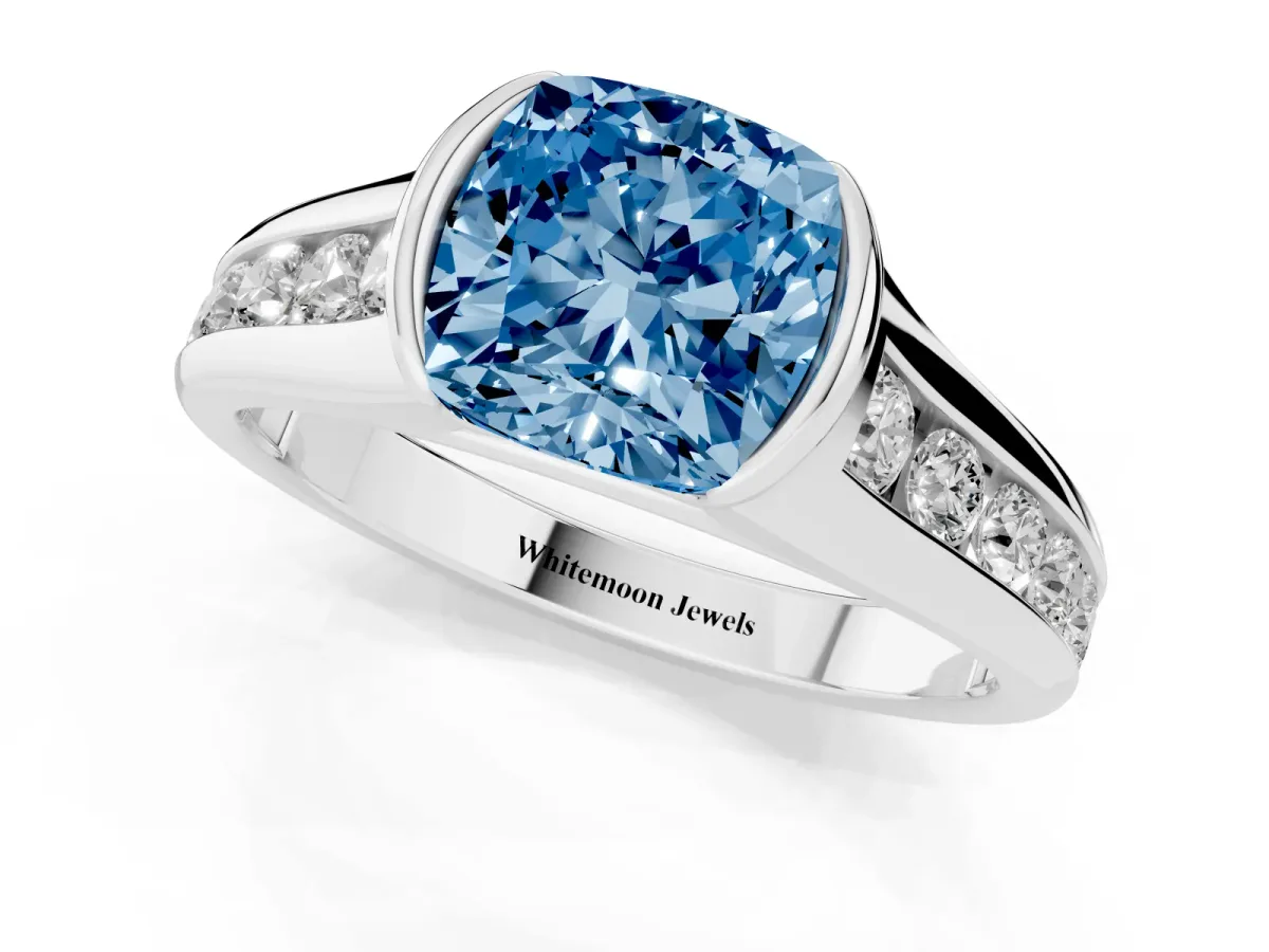Fancy Blue Cushion Cut Solitaire Bezel-Set Diamond Ring with Channel-Set Band Silver