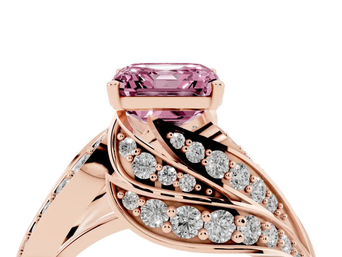 Fancy Pink Asscher Cut Diamond Solitaire Ring with Prong Setting and Twisted Pavé Band Rose gold