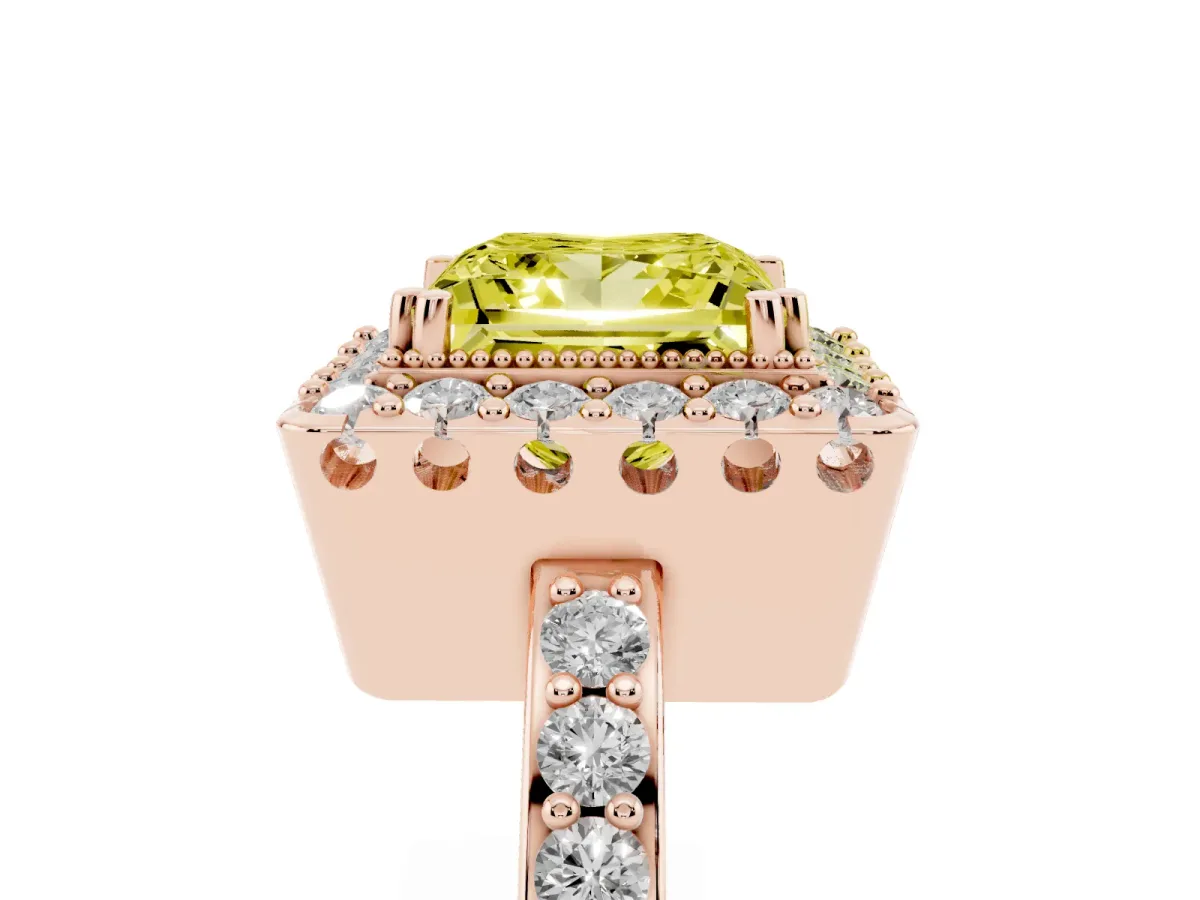 Fancy Yellow Princess Cut Diamond Halo Ring with Pavé Band and Prong Setting Rose gold