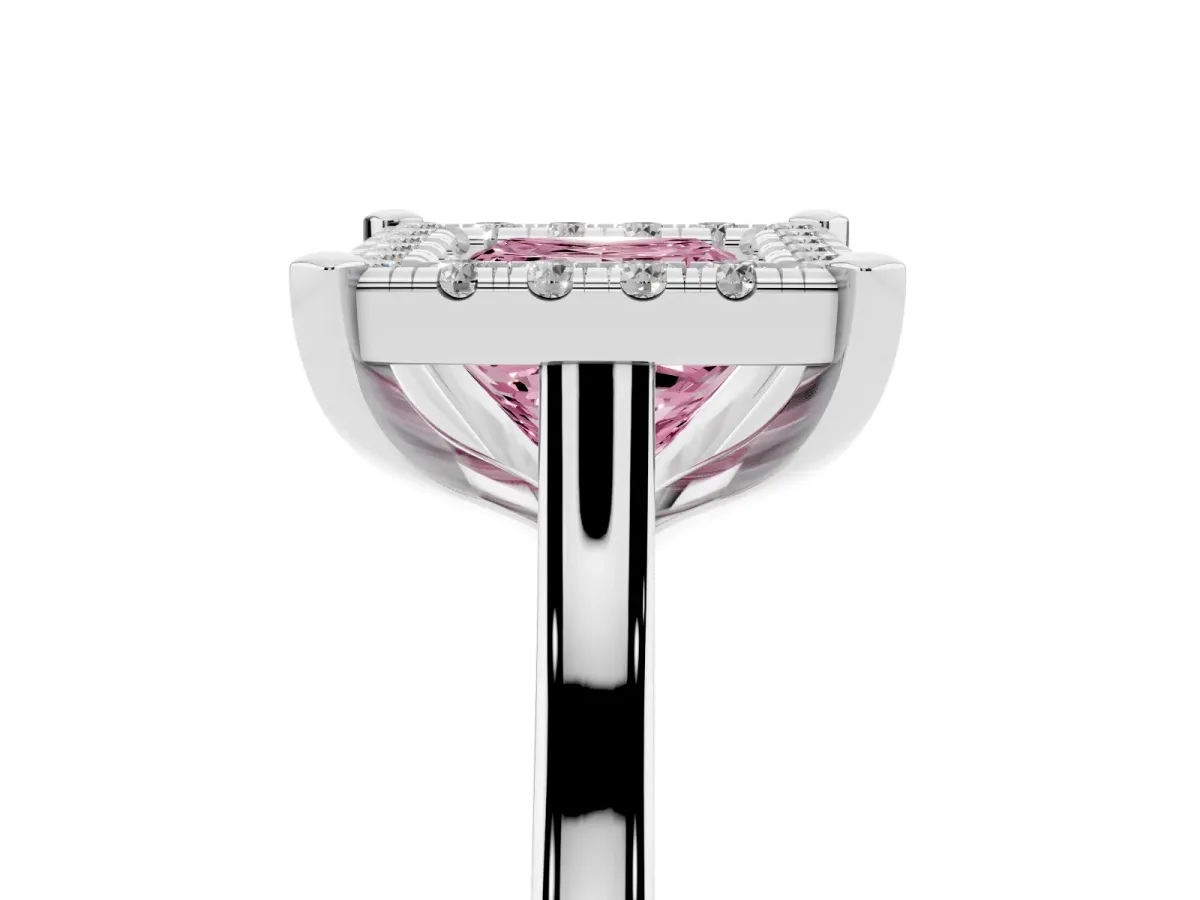 Fancy Pink Princess Cut Diamond Cluster Halo Solitaire with Four-Prong Setting Silver