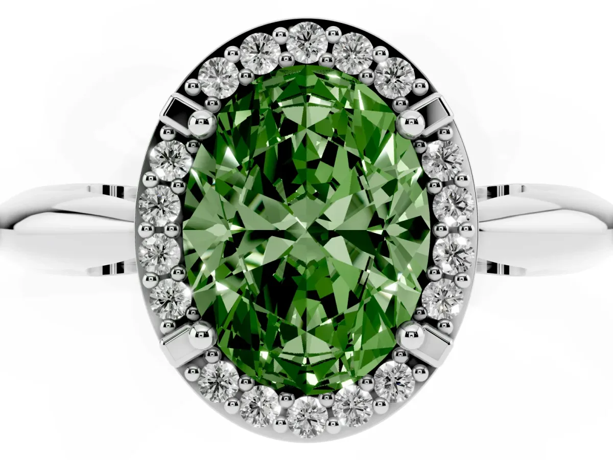 Fancy Green Oval Cut Cut Diamond Halo Engagement Ring with Split Shank and Four-Prong Setting Silver
