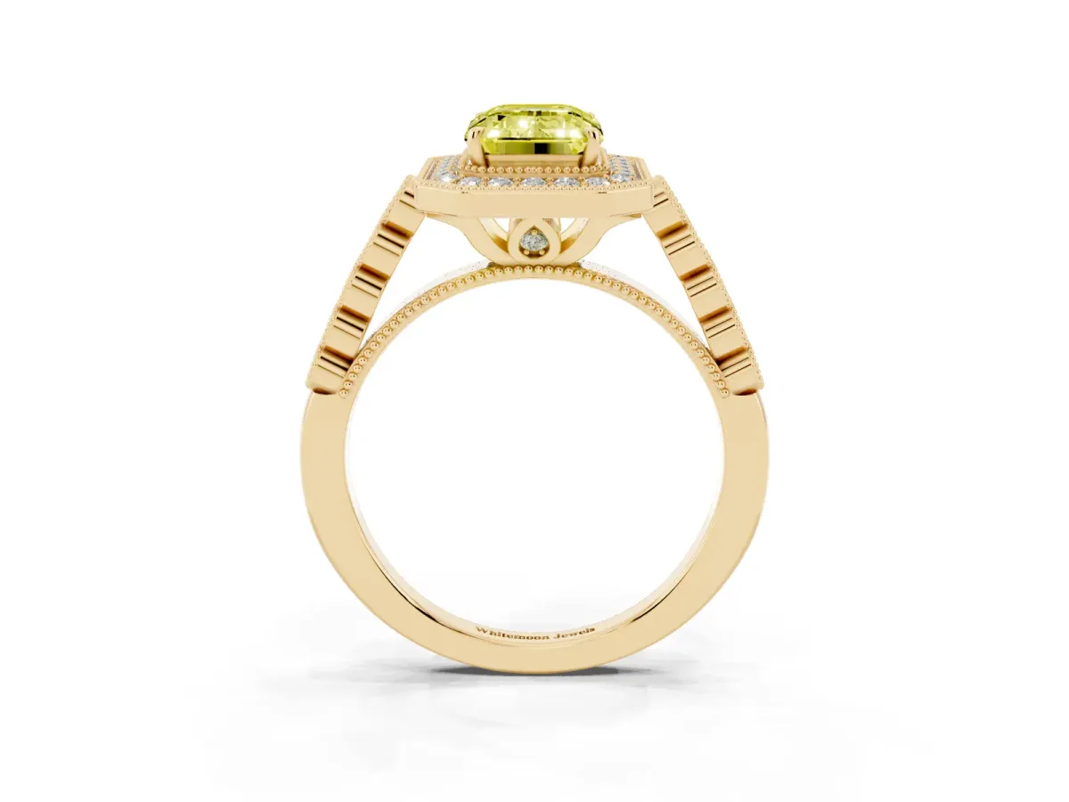 Fancy Yellow Emerald Cut Halo Milgrain Solitaire with Bezel Set Side Stones and Pave Band Yellow gold