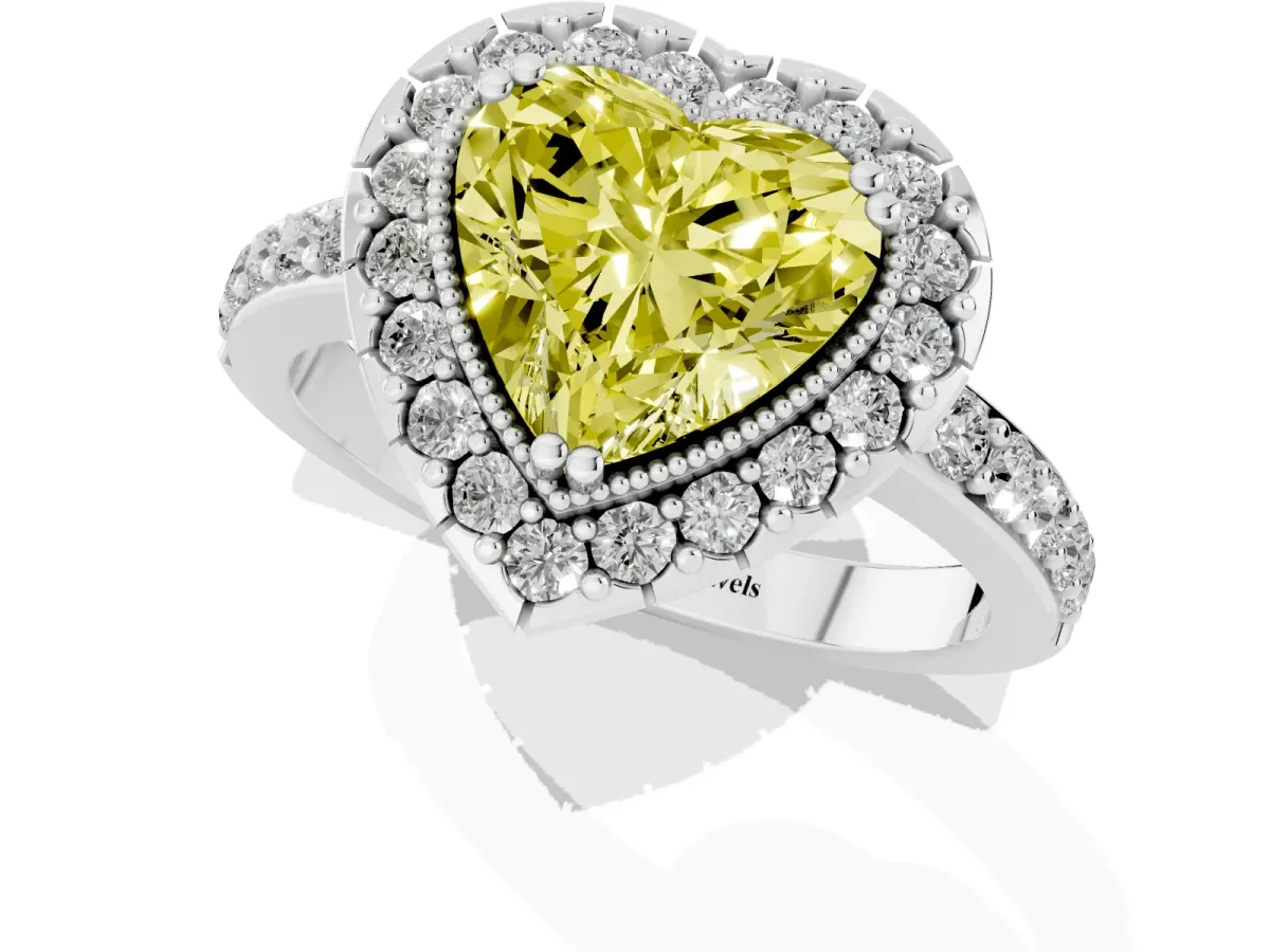 Fancy Yellow Heart Cut Diamond Halo Ring with Pavé Band and Prong Setting Silver