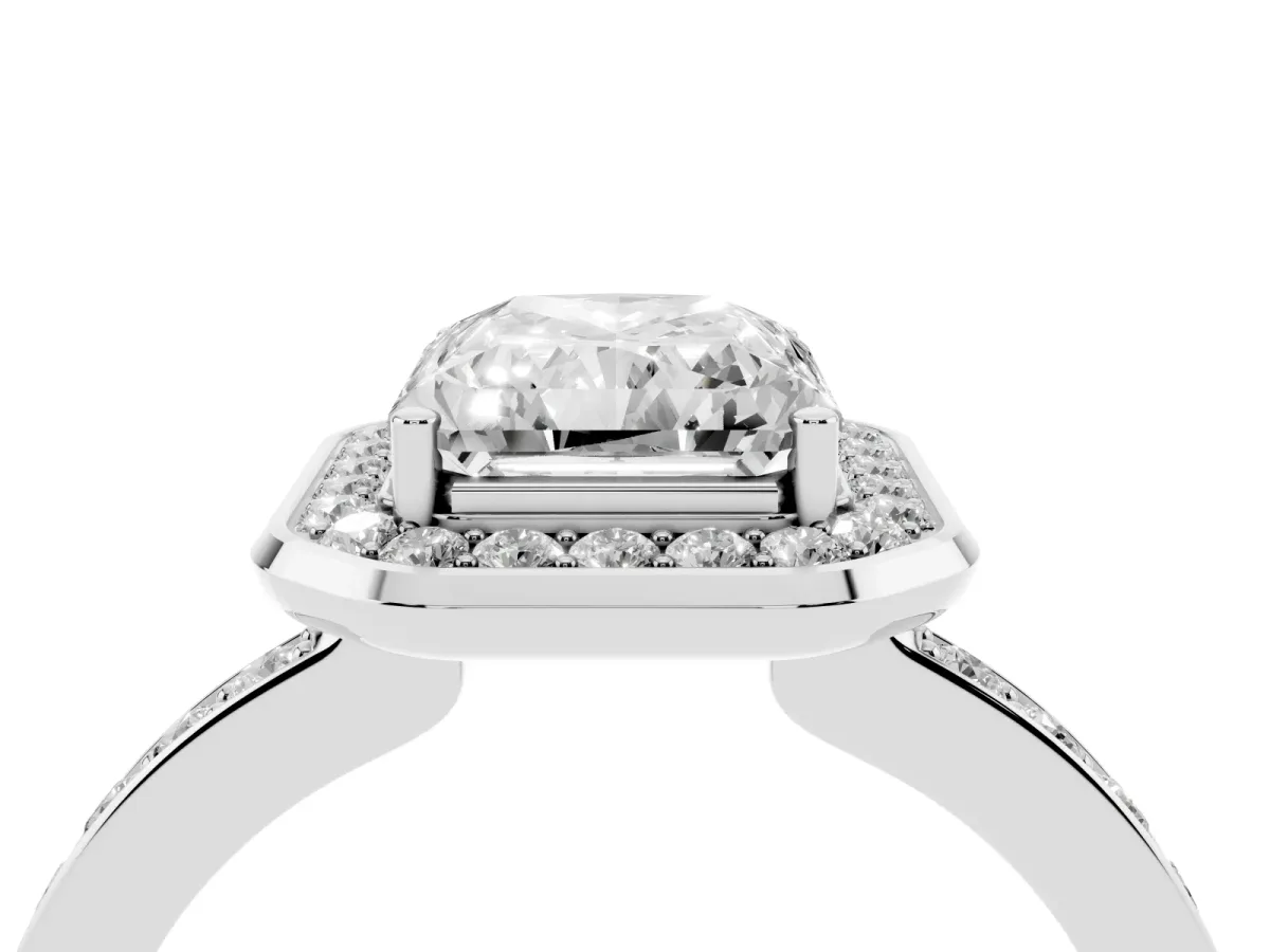 Radiant Cut Diamond Halo Ring with Bezel Frame and Pavé Band Silver