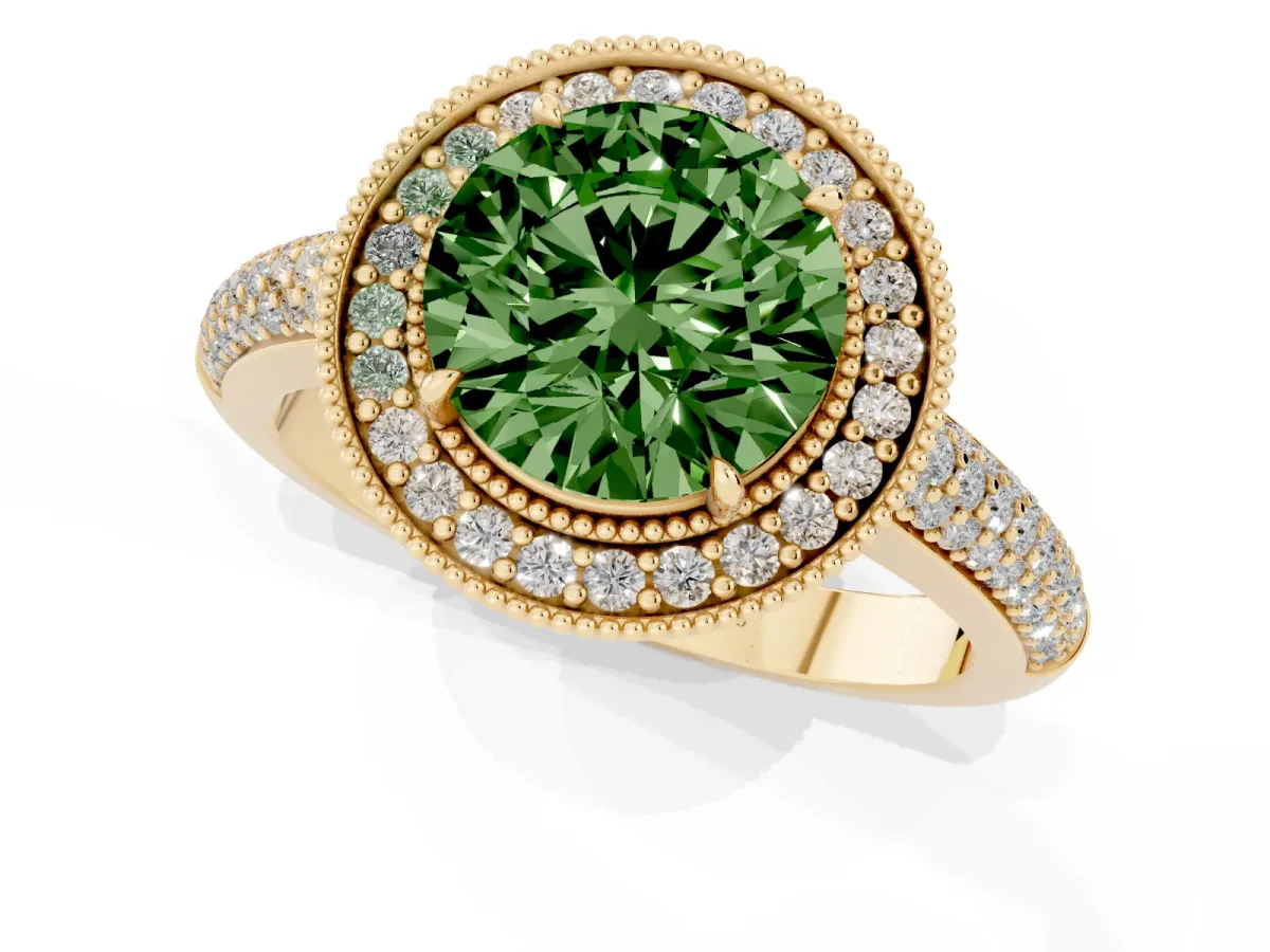 Fancy Green Round Cut Cut Halo Diamond Pave Band with Four-Prong Setting Yellow gold