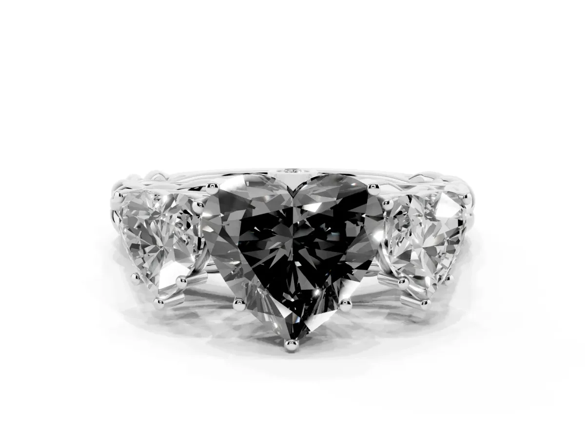 Fancy Black Three-Stone Heart Cut Diamond Braided Band Ring with Four-Prong Setting Silver