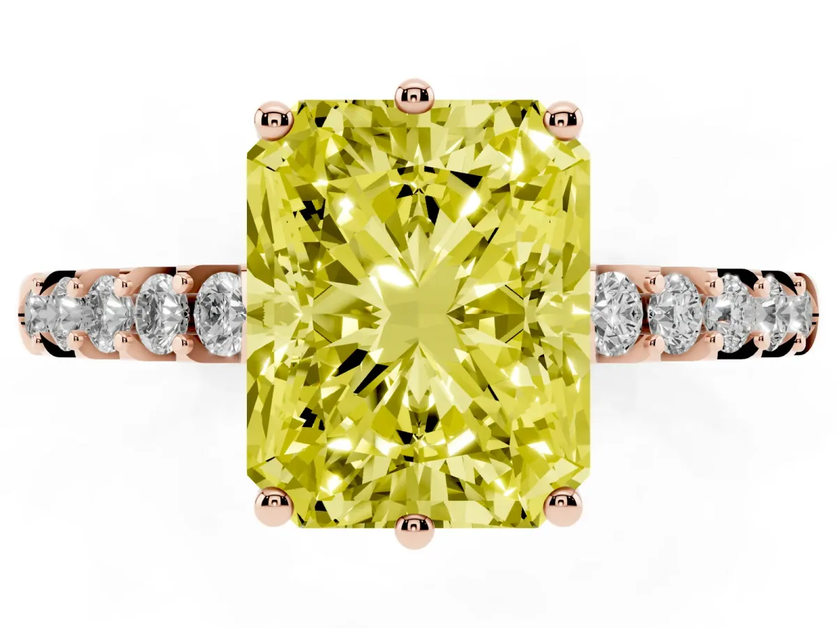 Fancy Yellow Radiant Cut Solitaire Diamond Engagement Ring with Pavé Band and Six-Prong Setting Rose gold