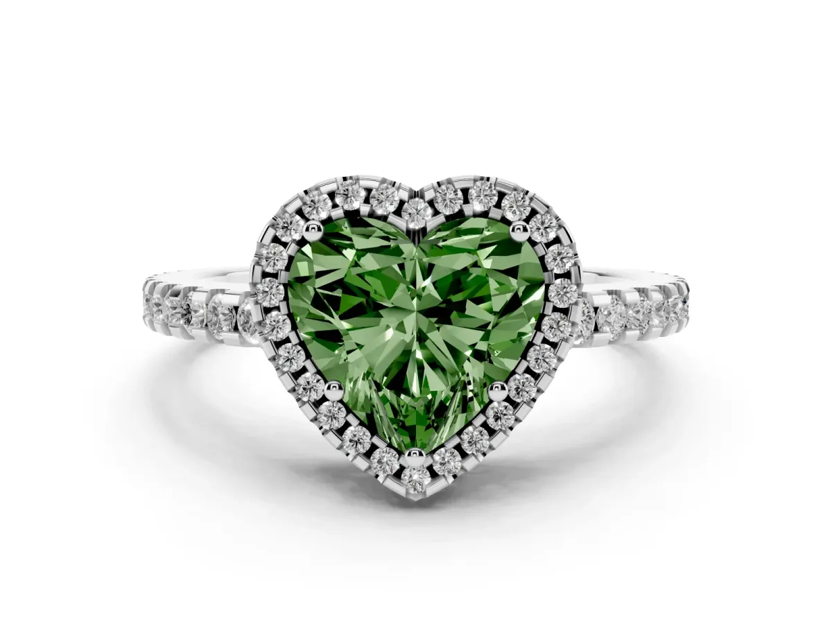 Fancy Green Heart Cut Diamond Halo Engagement Ring with Pavé Band and Prong Setting White gold