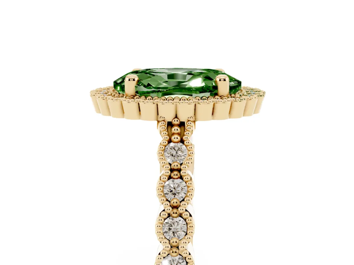 Fancy Green Oval Cut Cut Halo Pavé Solitaire Ring with Milgrain Band Yellow gold