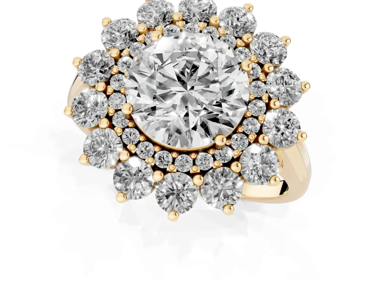 Round Cut Diamond Floral Double Halo Engagement Ring with Prong Setting Yellow gold