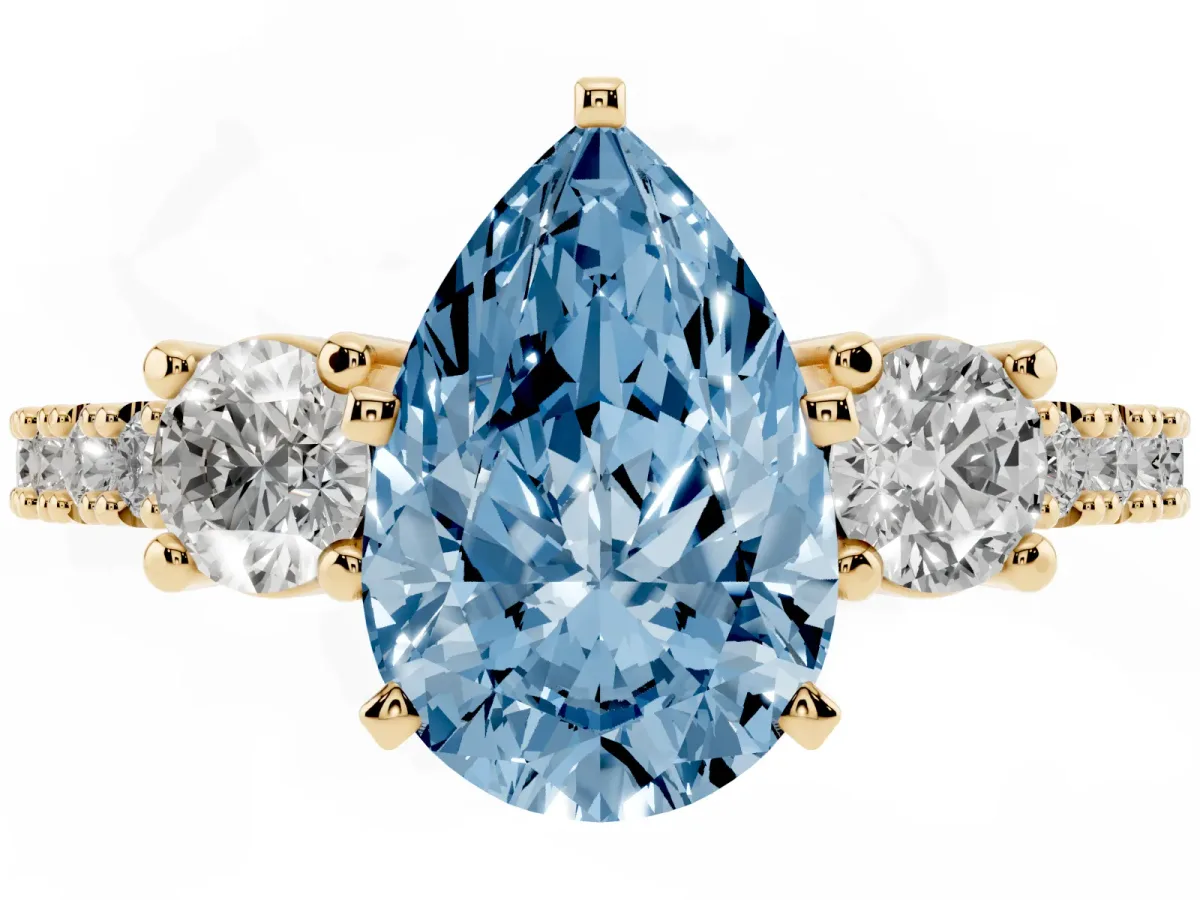 Fancy Blue Pear Cut Three-Stone Diamond Pavé Band with Prong Setting Yellow gold