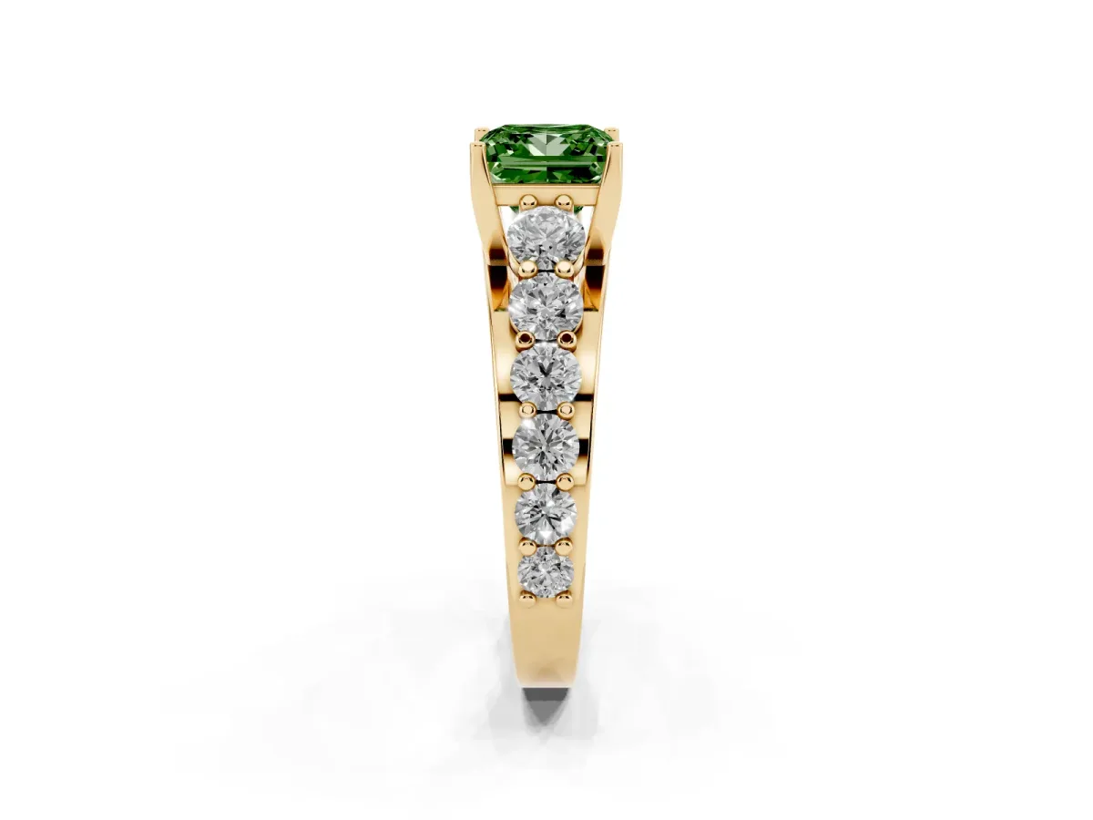 Fancy Green Princess Cut Diamond Engagement Ring with Pavé Band and Four-Prong Setting Yellow gold