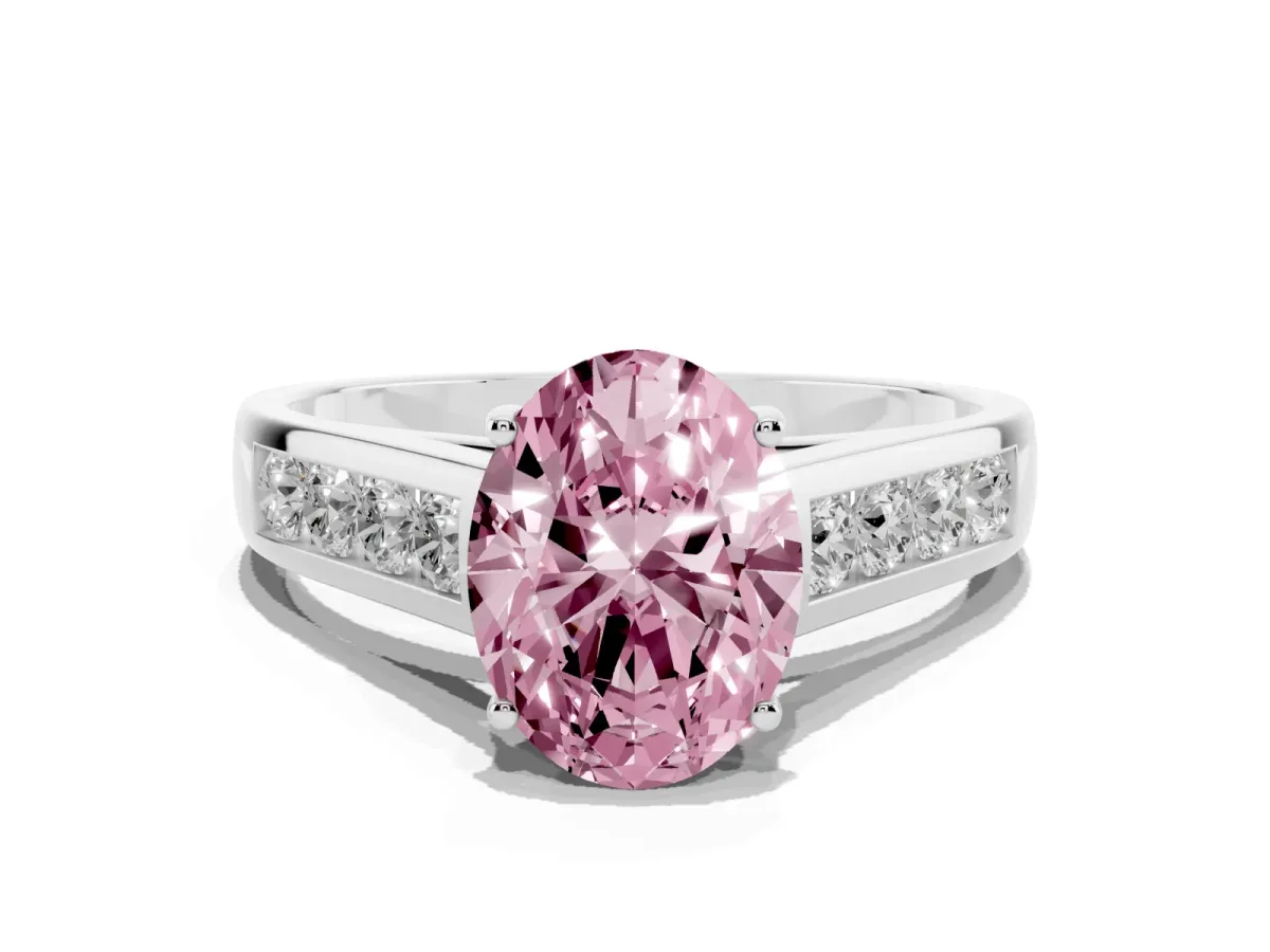 Fancy Pink Oval Cut Brilliant Channel-Set Solitaire Ring with Four-Prong Setting Platinum