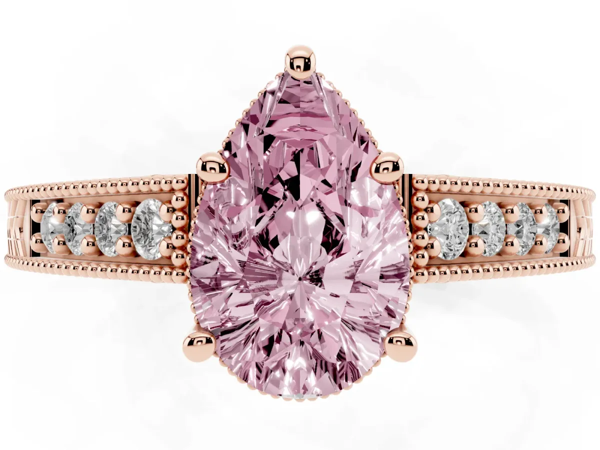 Fancy Pink Pear Cut Solitaire Pavé Diamond Milgrain Engagement Ring with Four-Prong Setting Rose gold