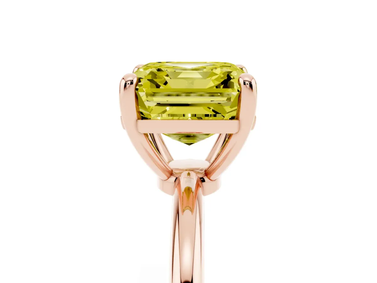Fancy Yellow Asscher Cut Solitaire Diamond Ring with 4-Prong Setting on a Classic Band Rose gold