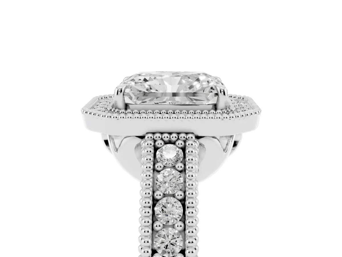 Radiant Cut Cut Halo Diamond Ring with Pavé Band and Four-Prong Setting Silver