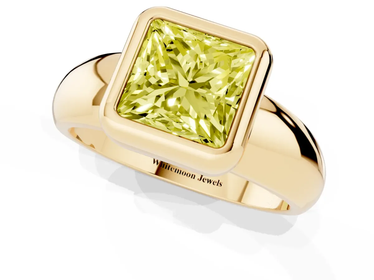 Fancy Yellow Bezel Set Princess Cut Solitaire Ring with Wide Band Yellow gold