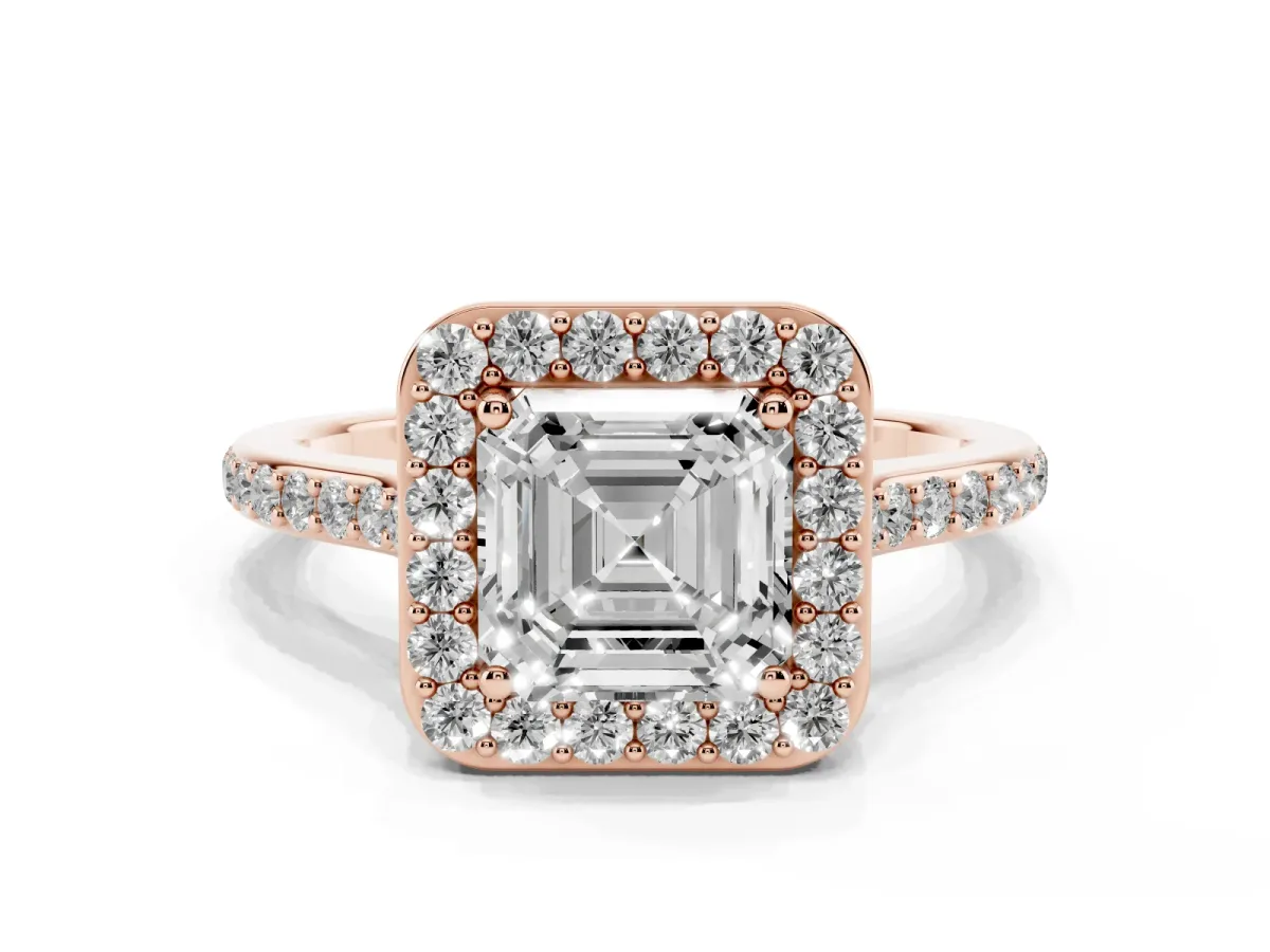 Asscher Cut Diamond Halo Engagement Ring with Round Pavé Shoulders and Prong Setting Rose gold